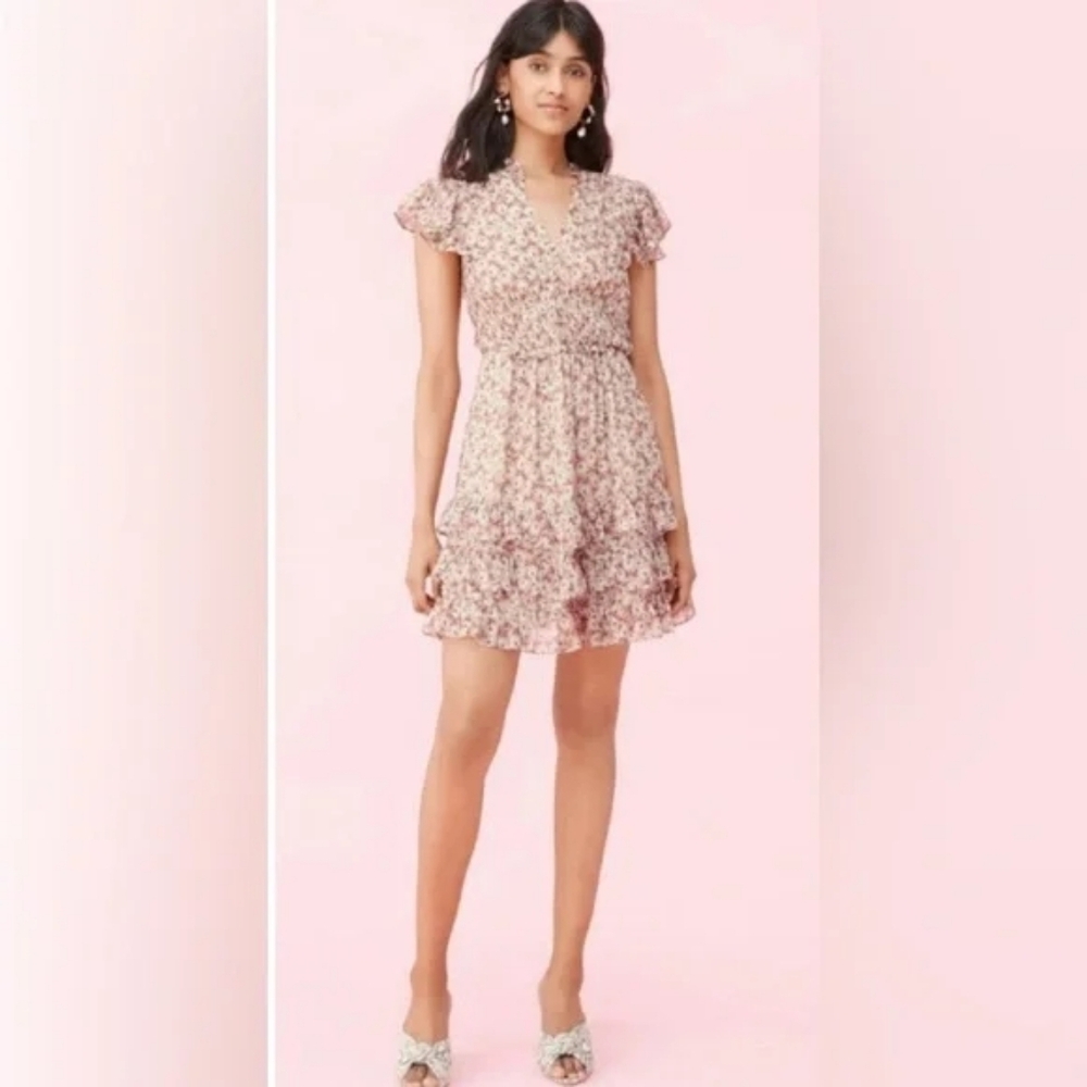 Rebecca Taylor Lucia Floral Romantic Dress Silk Ruffle Pink Gold Metallic Size 2 - Picture 2 of 10